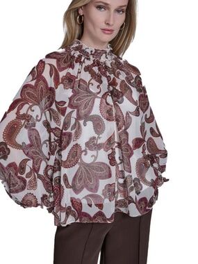 NWT BCBG Paisley Balloon Sleeves Blouse Burgundy tones Size Small